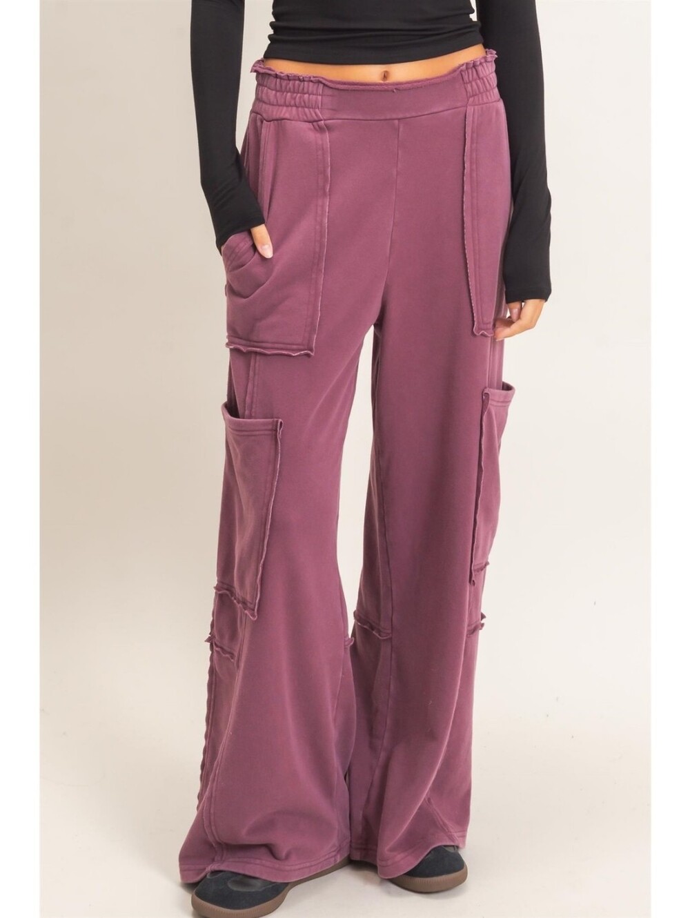 CloudDwellers Dark Cherry Mineral Washed  Cotton Blend Wide Leg Cargo Sweatpants